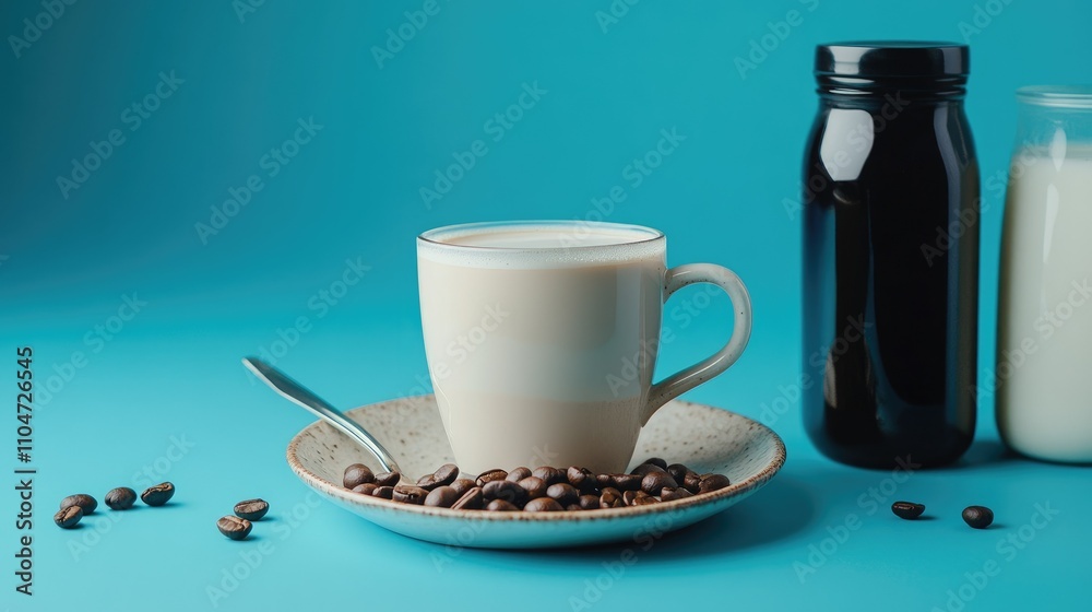 A cup of latte on a plate with coffee beans, accompanied by milk bottles. A cup of latte on a plate with coffee beans, accompanied by milk bottles.