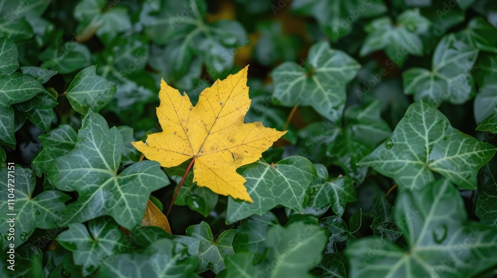 Yellow maple leaf stands out in green foliage, early Autumn. Yellow maple leaf stands out in green foliage, early Autumn.