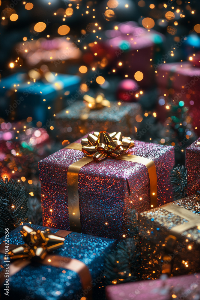 Glittering glowing many present boxes.