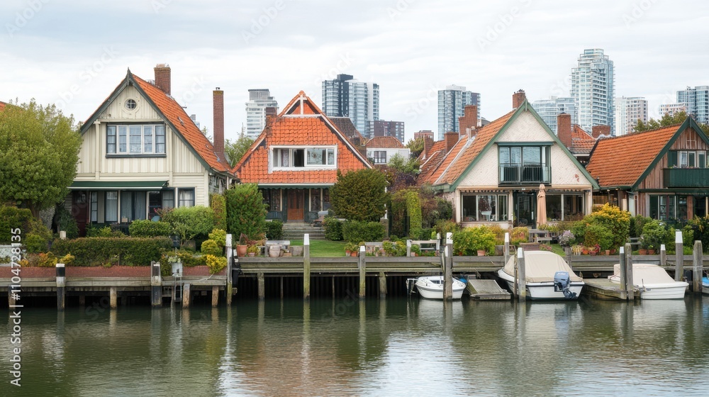Waterfront homes with boats docked, showcasing suburban luxury and city skyline in the background.