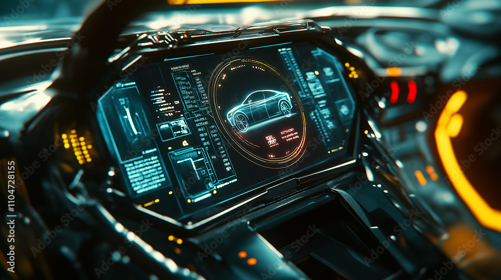 Obraz premium Close-up view of a modern cars digital dashboard display at night.