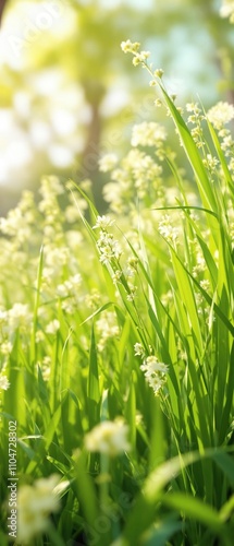 delicate blades of fresh spring green grass swaying gently in sunlight, vegetation, , fresh cut grass, warm sunlight