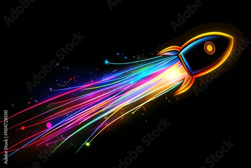 An electrifying 3D-rendered rocket launch with neon light trails and sparks exploding against a dark background.