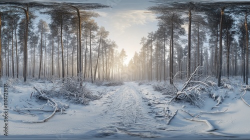 A serene winter forest scene with snow-covered trees and a misty path illuminated by sunlight.