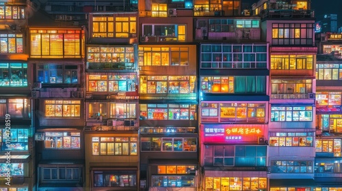 Vibrant cityscape showcasing illuminated apartment buildings at night.