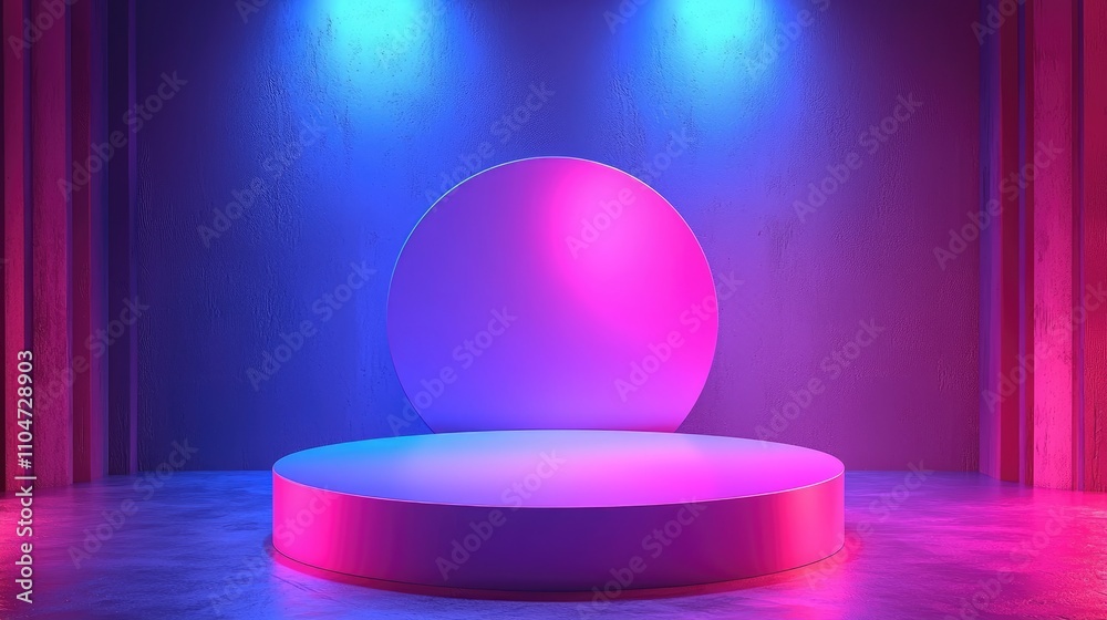 Circular Platform with Neon Lights in a Minimalist Room Circular Platform with Neon Lights in a Minimalist Room