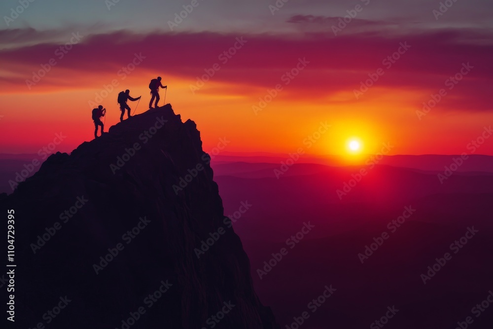 Silhouettes of climbers conquering a peak during a vibrant sunset, evoking feelings of triumph and perseverance against a backdrop of stunning natural beauty. Silhouettes of climbers conquering a peak during a vibrant sunset, evoking feelings of triumph and perseverance against a backdrop of stunning natural beauty.