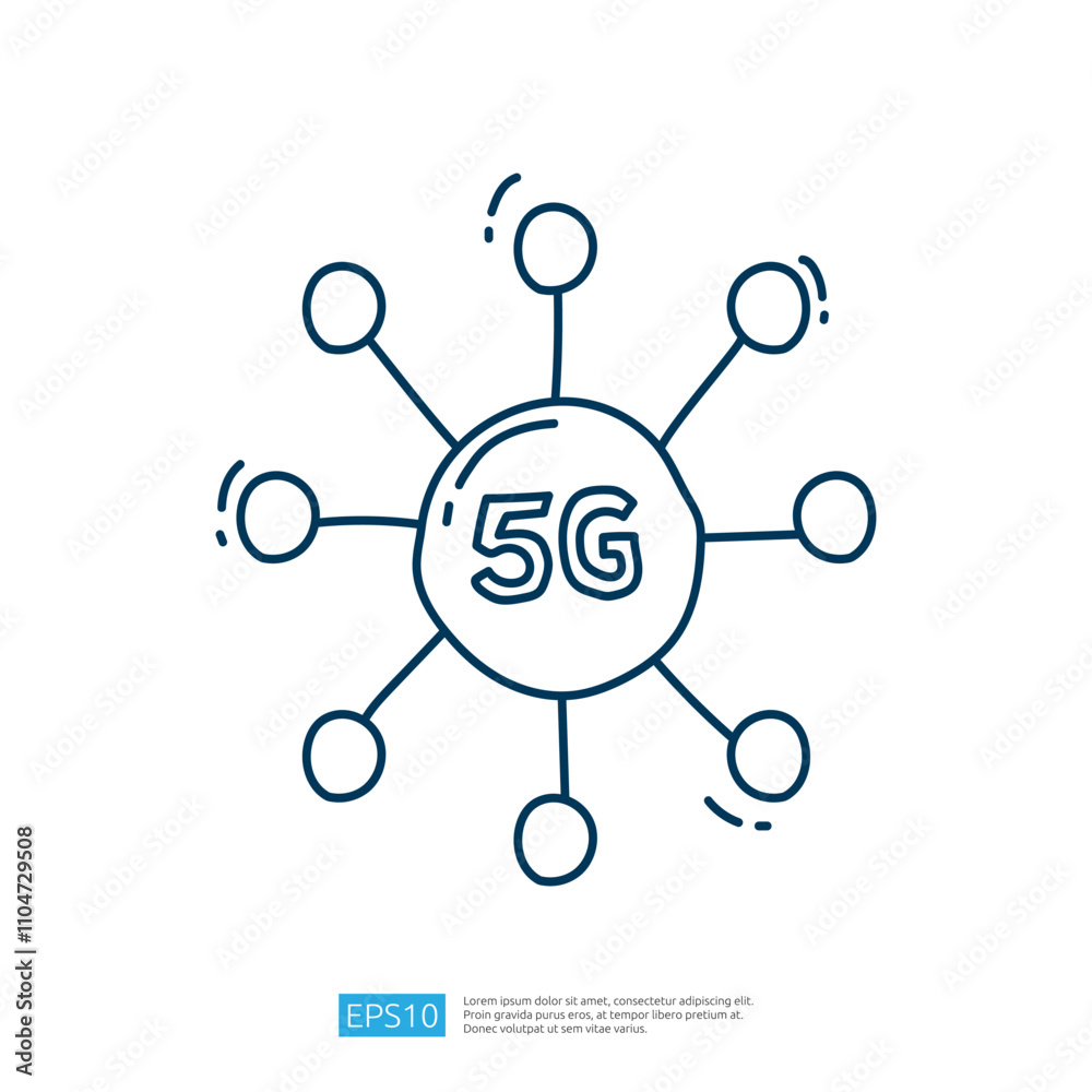 A simple illustration depicting the concept of 5G technology, featuring a central node labeled 