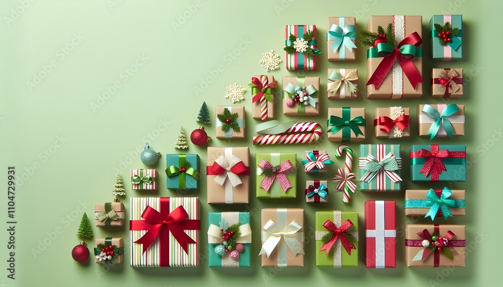 Green Background with Gift Boxes Tied with Bows, Forming a Triangle Shape Green Background with Gift Boxes Tied with Bows, Forming a Triangle Shape