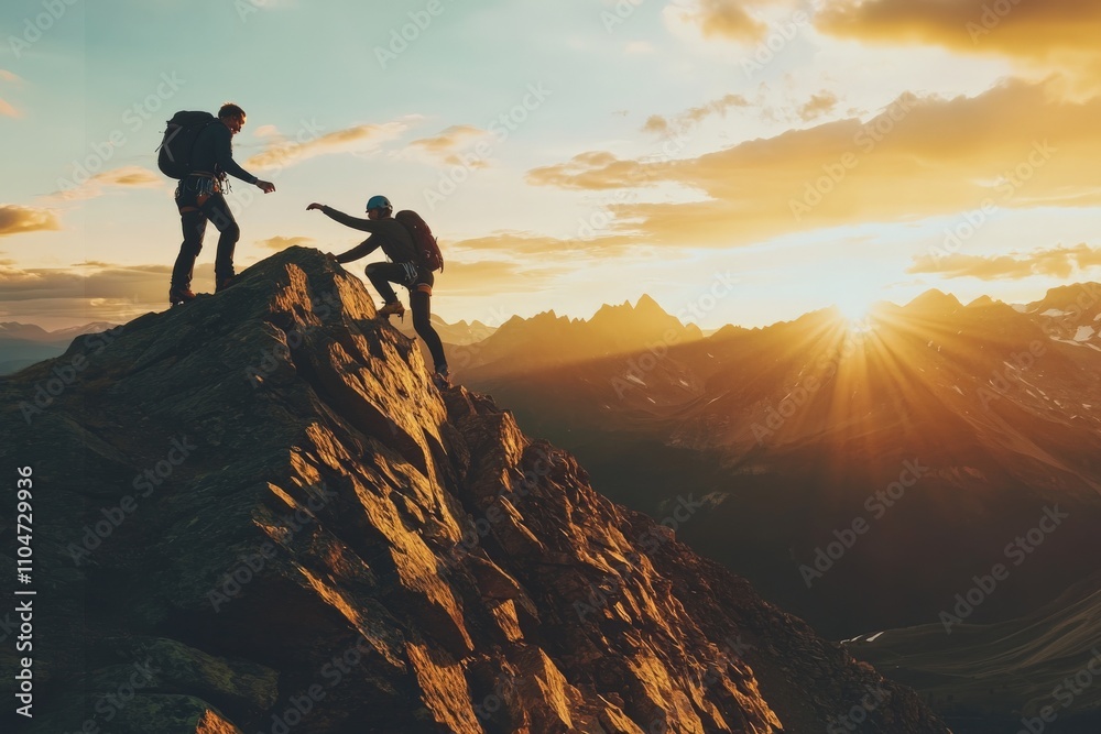 Climbers extend a helping hand on a mountain ridge at sunset, illustrating themes of teamwork, support, and personal growth against a stunning natural backdrop. Climbers extend a helping hand on a mountain ridge at sunset, illustrating themes of teamwork, support, and personal growth against a stunning natural backdrop.