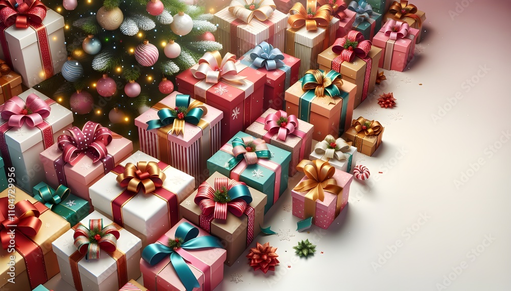 Christmas Tree Surrounded by Colorful Gift Boxes with Bows Christmas Tree Surrounded by Colorful Gift Boxes with Bows