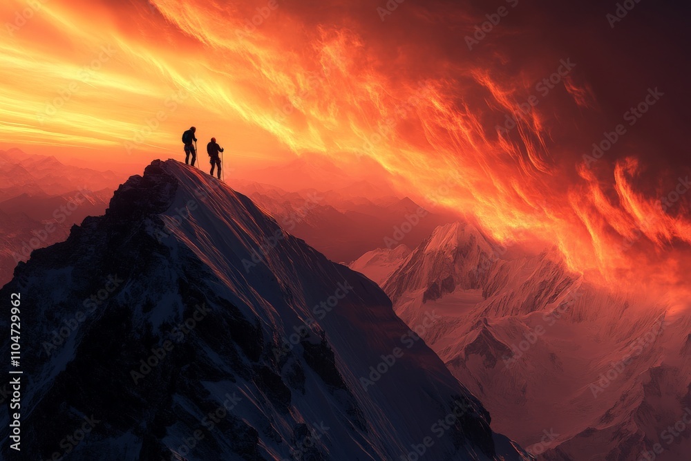 Two climbers stand on a mountain ridge as the sun sets, casting vivid fiery hues in the sky, highlighting the rugged beauty of the alpine landscape. A breathtaking view. Two climbers stand on a mountain ridge as the sun sets, casting vivid fiery hues in the sky, highlighting the rugged beauty of the alpine landscape. A breathtaking view.