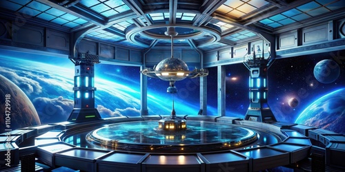 Fototapeta Naklejka Na Ścianę i Meble -  Futuristic space station with holographic displays and advanced spacecraft , space, station, futuristic, holographic