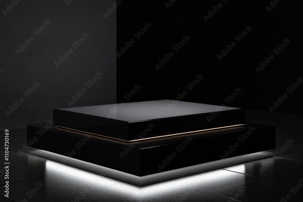 A sleek, dark rectangular platform is lit from below with ambient white light, highlighting the contrast between the glossy surface and its shadowy surroundings.