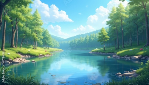  Tranquil forest stream under a clear blue sky