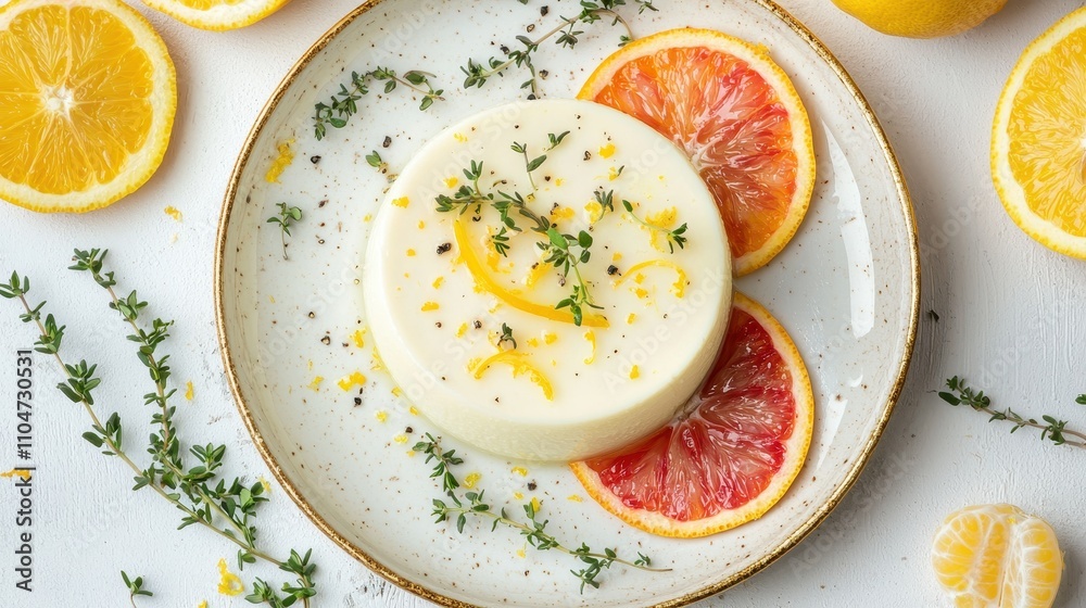 Panna Cotta with Citrus Garnish on a White Plate Panna Cotta with Citrus Garnish on a White Plate