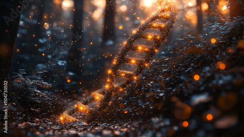 glowing DNA strand with sparkling light effects, symbolizing innovation, genetics, and the complexity of life at the molecular level, with vibrant energy and scientific beauty photo