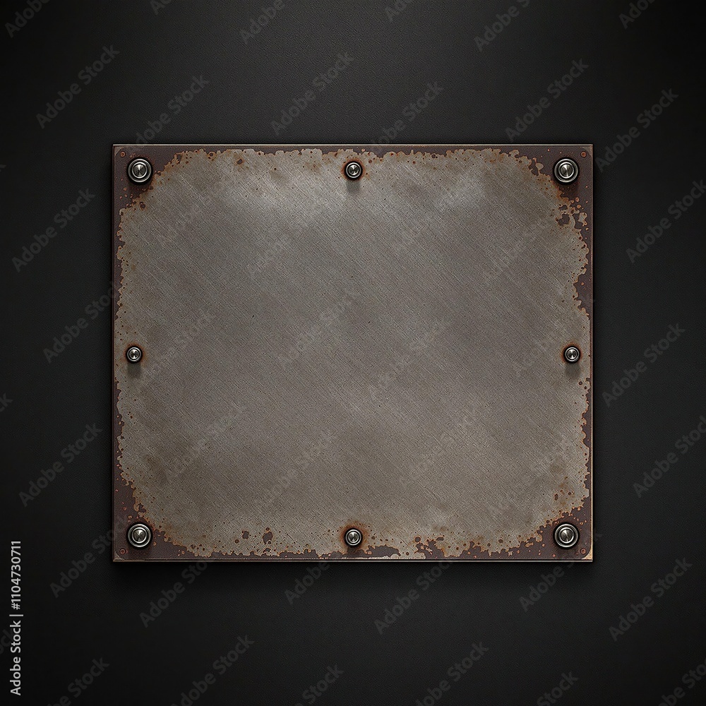 Obraz premium Metal plate on a dark brushed metallic background with visible scratches and wear marks, conveying a sense of age and history, weathered, machinery, technology