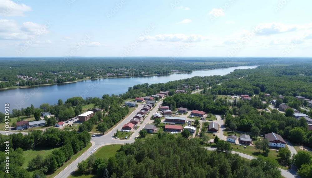 Fototapeta premium Peaceful lakeside community under a clear sky