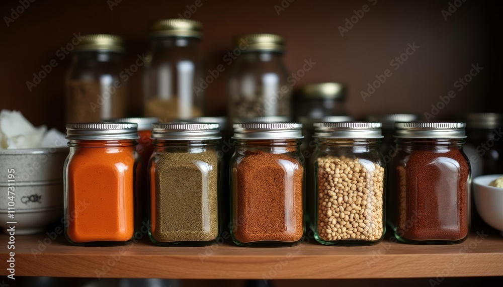 A spice rack with a variety of jars ready to add flavor to your culinary creations A spice rack with a variety of jars ready to add flavor to your culinary creations