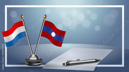 Netherlands and Laos Small national flag on bokeh background, cooperative relationship
