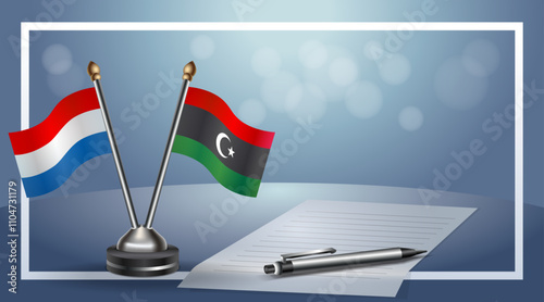 Netherlands and Kingdom of Libya Small national flag on bokeh background, cooperative relationship
