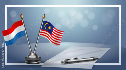 Netherlands and Malaysia Small national flag on bokeh background, cooperative relationship
