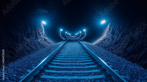 Into the Blue: A lonely, steel railway track stretches into the dark, illuminated by a series of blue streetlights. The path ahead is unknown, shrouded in mystery.