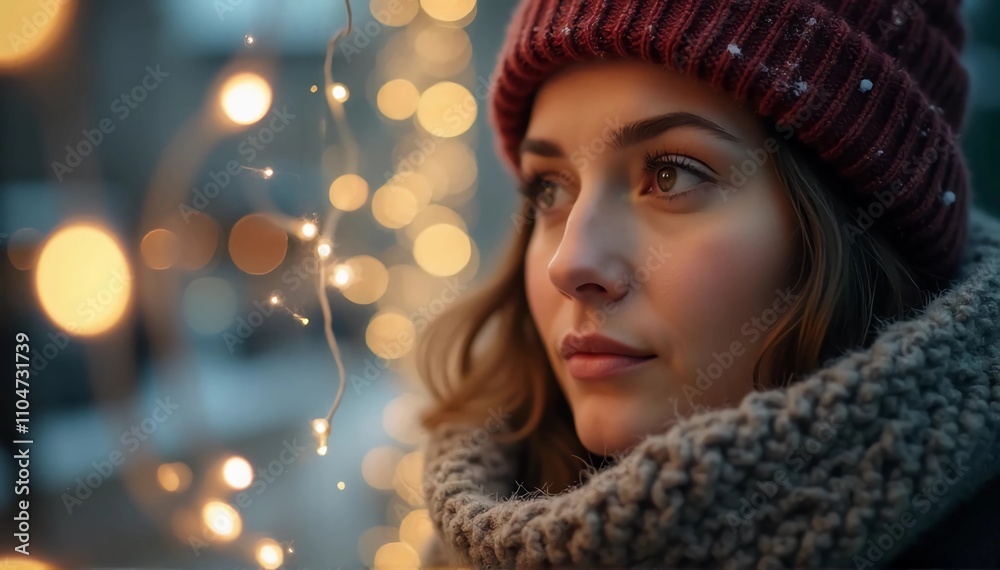 A woman’s face framed by a cozy scarf and beanie, the shop window reflects twinkling holiday lights A woman’s face framed by a cozy scarf and beanie, the shop window reflects twinkling holiday lights