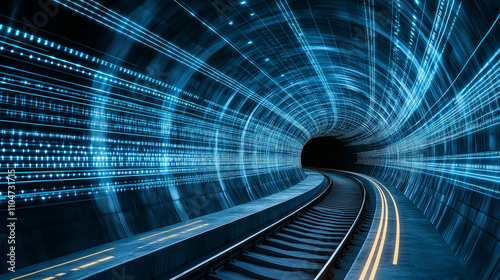 Digital Tunnel: A futuristic tunnel filled with glowing blue code and railway tracks leading to a distant future.  A symbol of digital transformation and technological advancement. 