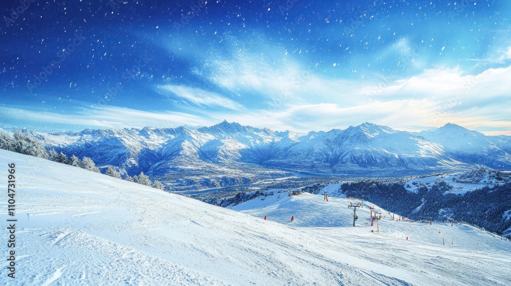 Obraz premium A serene winter landscape with snow-covered mountains and a clear blue sky.