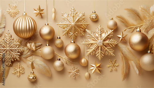 Festive gold Christmas vertical decorations including baubles and a snowflake on a neutral