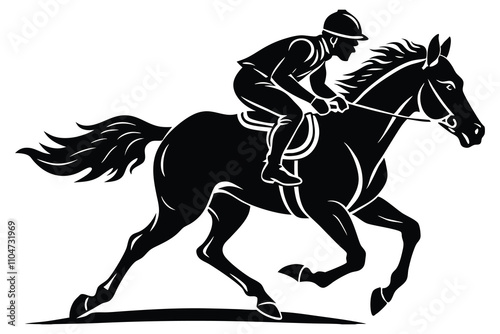 A racehorse black silhouette on white background
