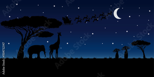 Night sky in Africa landscape with Santa Claus flying in sleigh with reindeer. Santa flying over with crescent moon vector illustration. Christmas eve fantasy concept, Vector flat Illustrator