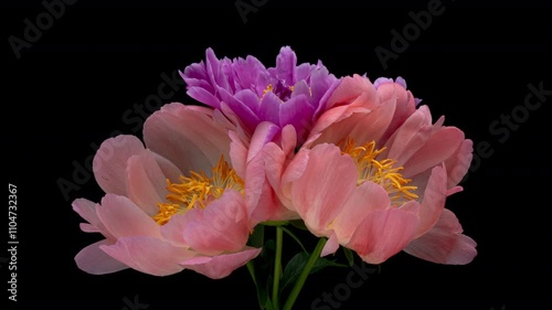 Beautiful pink peony flowers bouquet background. Blooming roses flower open, time lapse, close-up. Wedding backdrop, Valentine's Day concept. Bouquet on black backdrop, closeup. 4K UHD timelapse