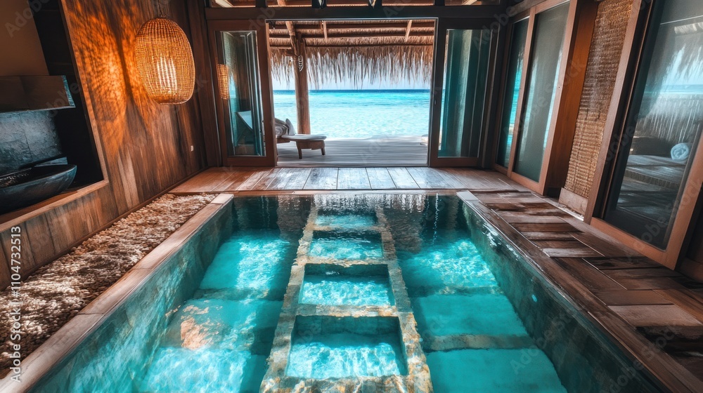 Obraz premium A serene indoor pool with a view of the ocean, blending luxury and relaxation.