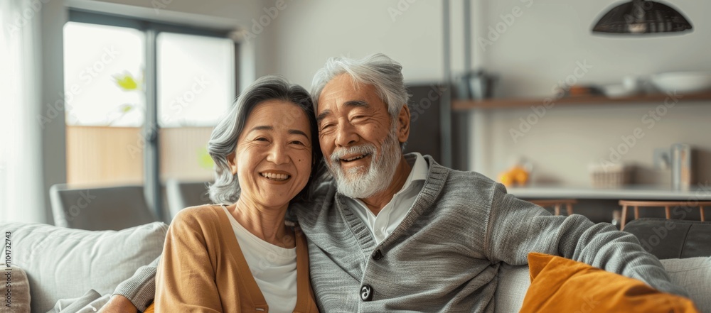 Happy senior couple sitting on sofa in modern living room, laughing and enjoying each other's company Happy senior couple sitting on sofa in modern living room, laughing and enjoying each other's company