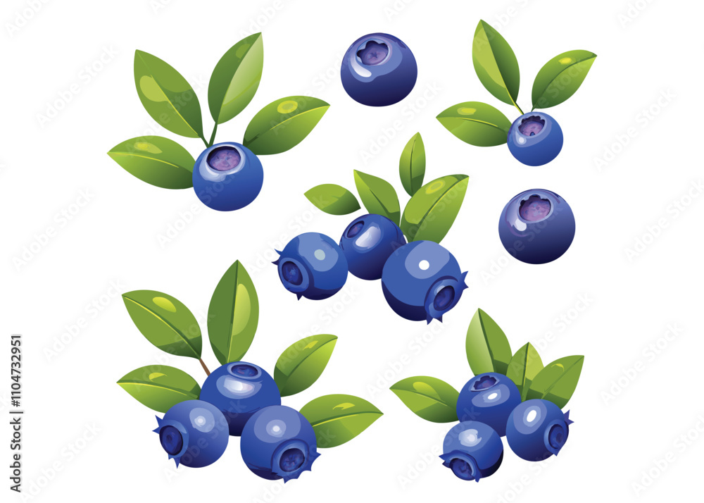 set of blueberries on a white isolated background set of blueberries on a white isolated background