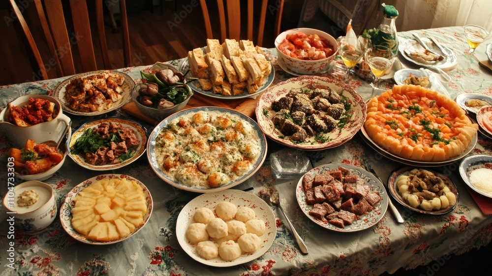 A festive table spread with various traditional dishes for a celebratory meal. A festive table spread with various traditional dishes for a celebratory meal.