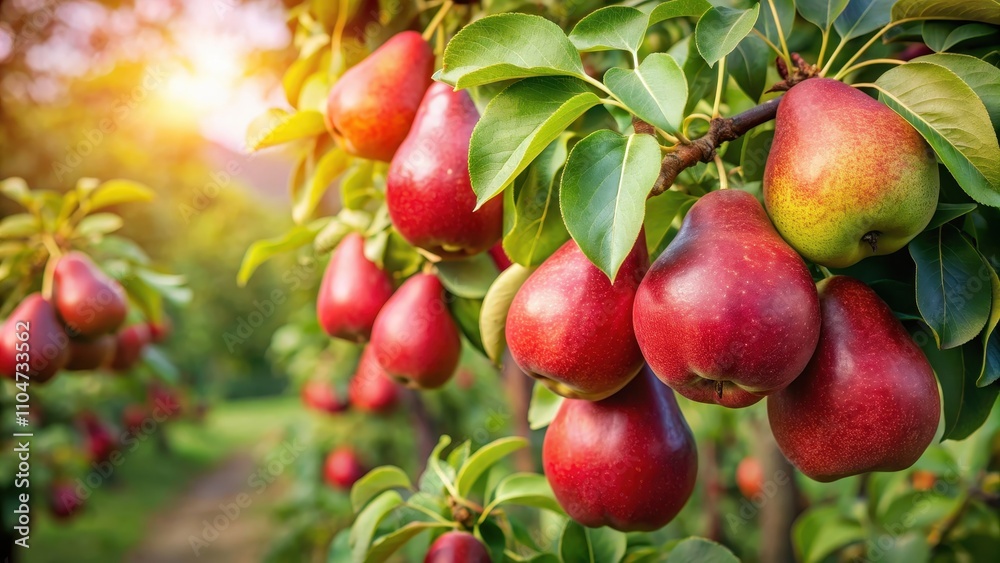 Red pears growing and ripening on a tree in a beautiful fruit garden on green background , pears, red, ripening, tree, garden Red pears growing and ripening on a tree in a beautiful fruit garden on green background , pears, red, ripening, tree, garden