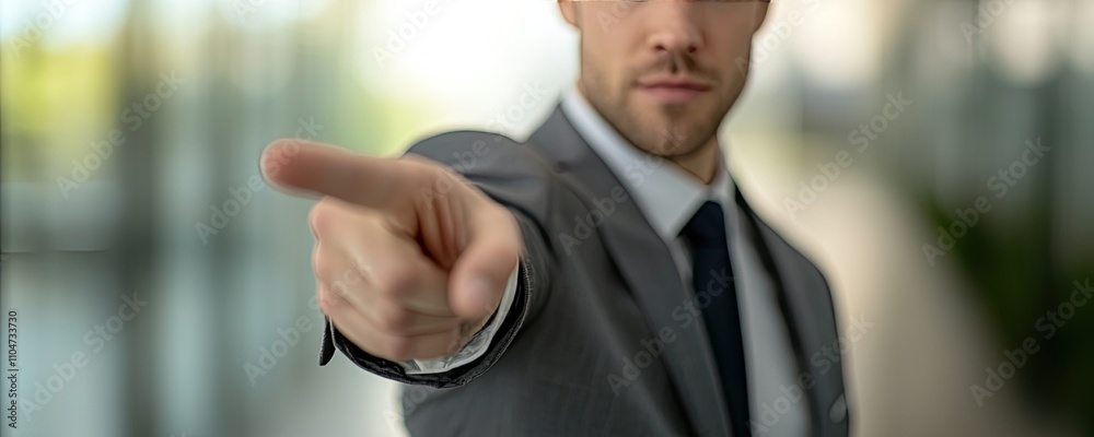 Fototapeta premium A professional man in a suit points assertively, conveying authority and confidence in a modern, blurred background.