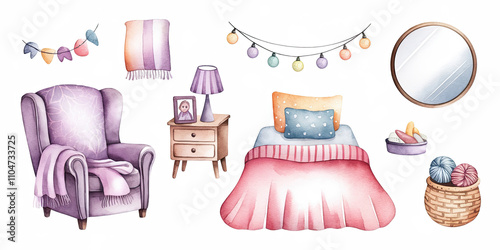 Serene Watercolor Illustration of a Cozy Girl's Bedroom