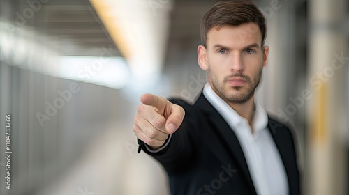 A sharply dressed man points directly at the camera, exuding confidence and authority in a modern, well-lit environment.