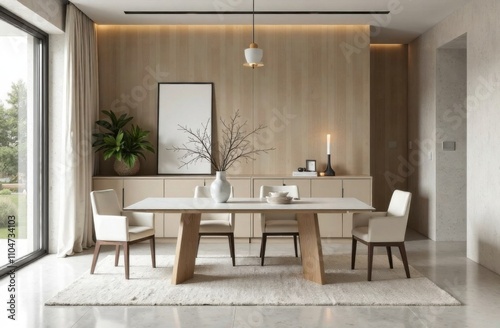 Stylish dining area with minimalist design elements including an elegant table, contemporary chairs and sophisticated decor.