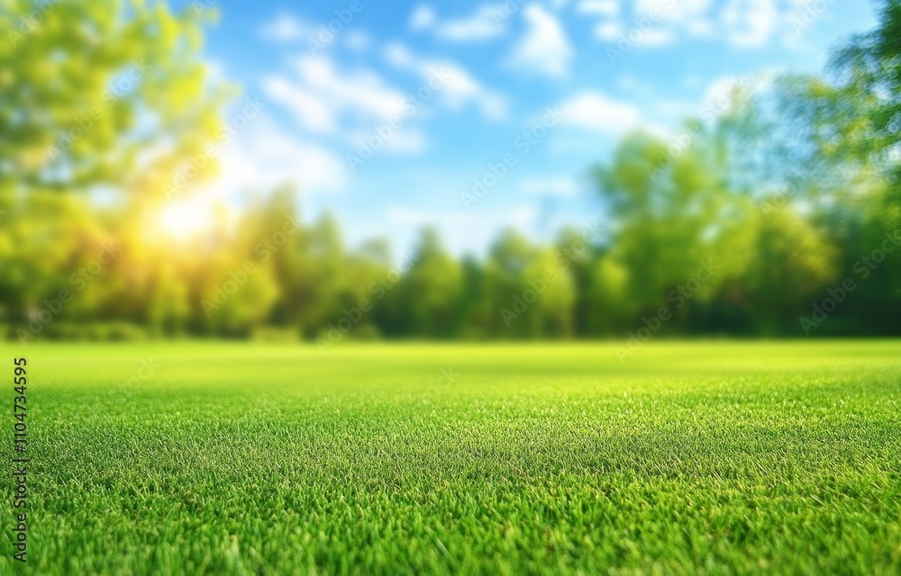 Lush Green Lawn with Trees and Blue Sky and White Clouds on a Bright Sunny Day Lush Green Lawn with Trees and Blue Sky and White Clouds on a Bright Sunny Day