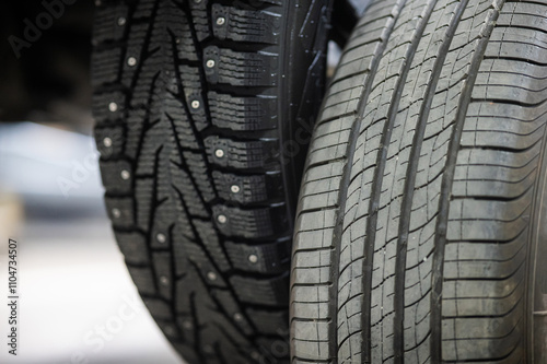 Comparison of old and new studded car tires. 