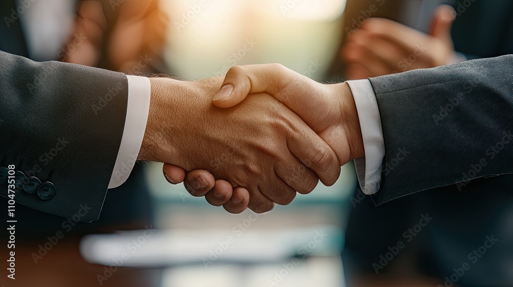 Two business professionals shake hands in a formal setting, symbolizing agreement, partnership, or a successful negotiation. Two business professionals shake hands in a formal setting, symbolizing agreement, partnership, or a successful negotiation.