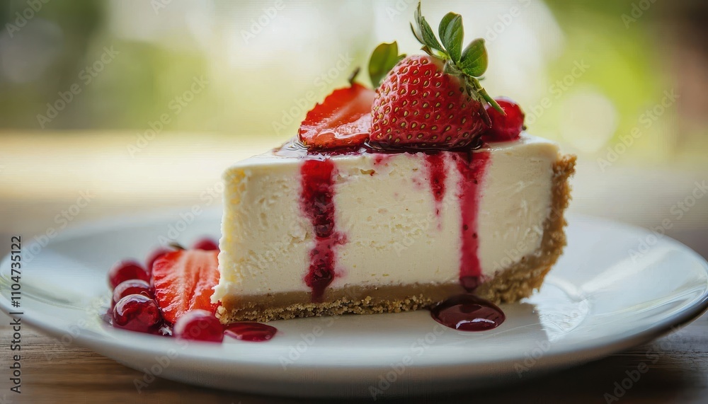Creamy Cheesecake Slice with Strawberries and Sauce Creamy Cheesecake Slice with Strawberries and Sauce