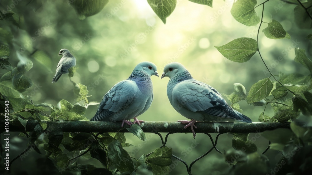 Fototapeta premium Two Blue Birds Perched on a Fence Surrounded by Lush Green Leaves