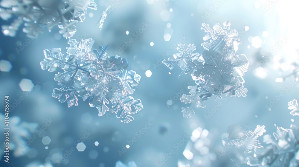 Close-up of delicate snowflakes floating against a soft blue sky Close-up of delicate snowflakes floating against a soft blue sky